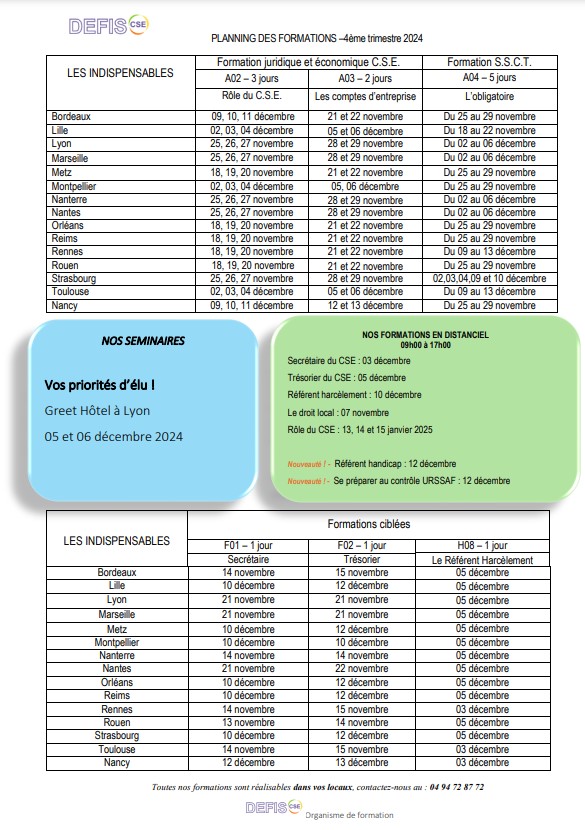 Planning des formations 4ème trimestre 2024 - DEFIS CSE